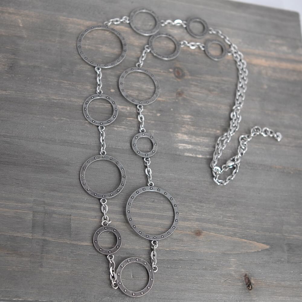 Brighton Circles Chain Necklace Long Silver Plated Granulated 36-38" Statement